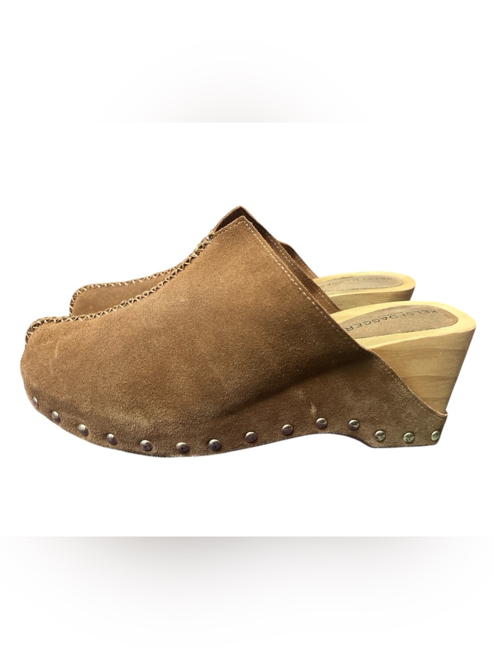 Kelsi Dagger Brooklyn Journal Clogs Studded Tan Suede Wood Boho Size 8.5